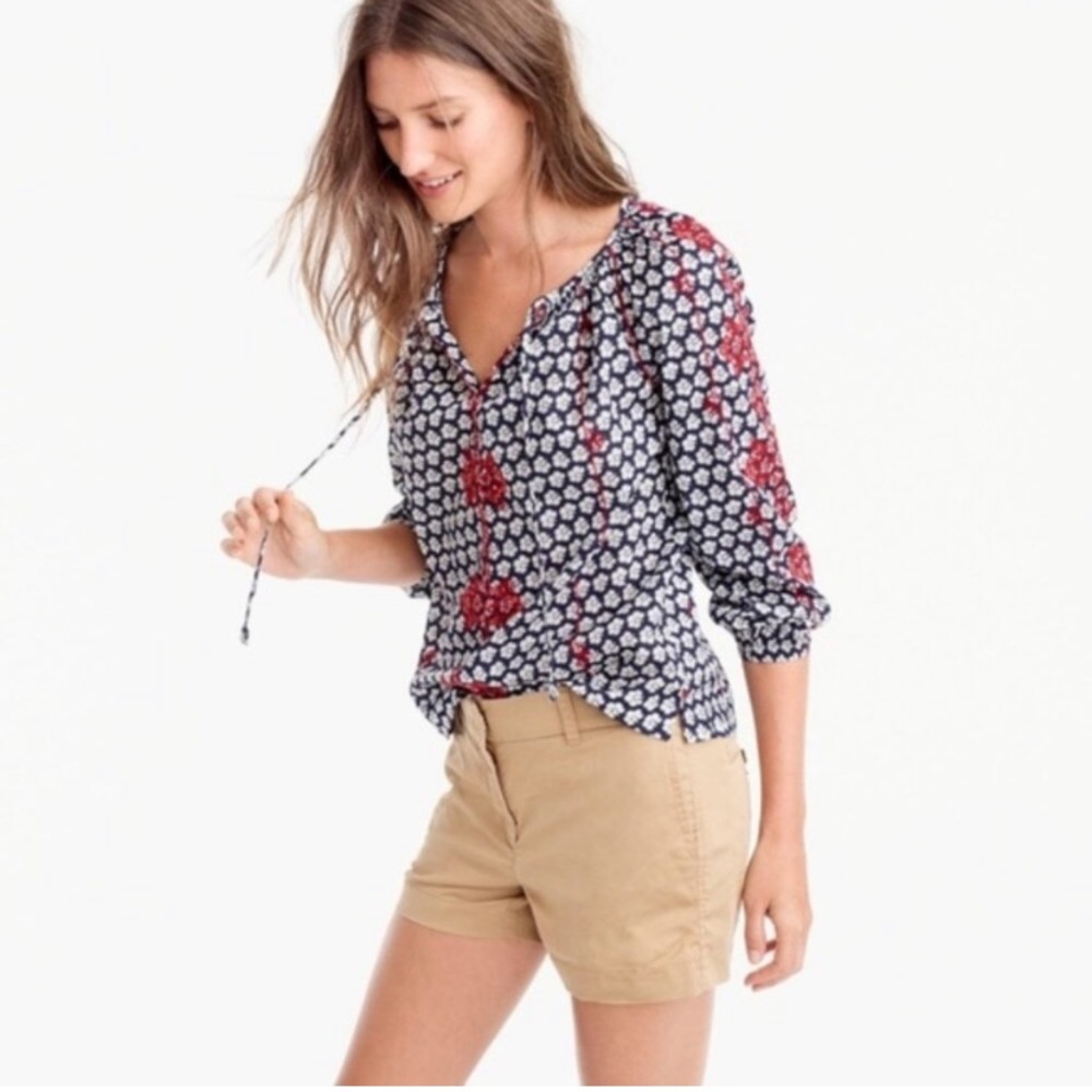 J. Crew Navy and Red Floral Peasant Blouse